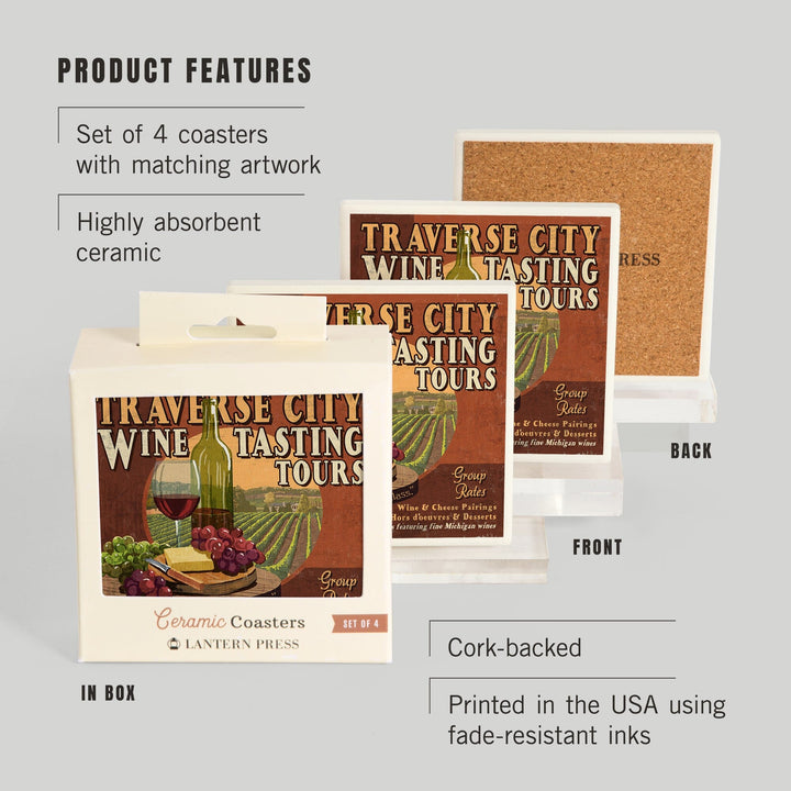 Traverse City, Michigan, Wine Tasting Vintage Sign, Coasters Coasters Lantern Press