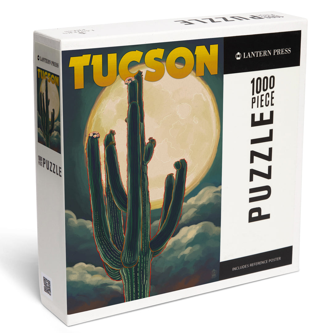 Tucson, Arizona Cactus and Full Moon, Jigsaw Puzzle Puzzle Lantern Press