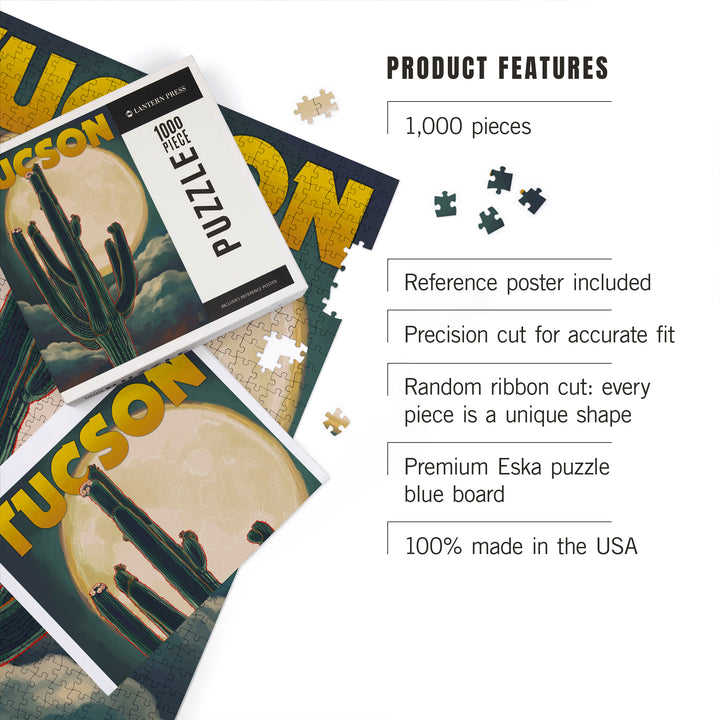 Tucson, Arizona Cactus and Full Moon, Jigsaw Puzzle Puzzle Lantern Press