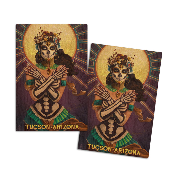 Tucson, Arizona, Day of the Dead Crossbones, Lantern Press Artwork, Wood Signs and Postcards Wood Lantern Press 4x6 Wood Postcard Set