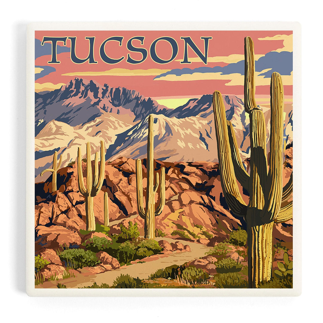 Tucson, Arizona, Desert Cactus Trail Scene at Sunset, Coasters Coasters Lantern Press