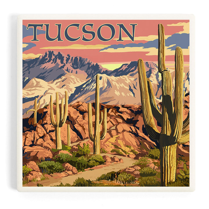 Tucson, Arizona, Desert Cactus Trail Scene at Sunset, Coasters Coasters Lantern Press