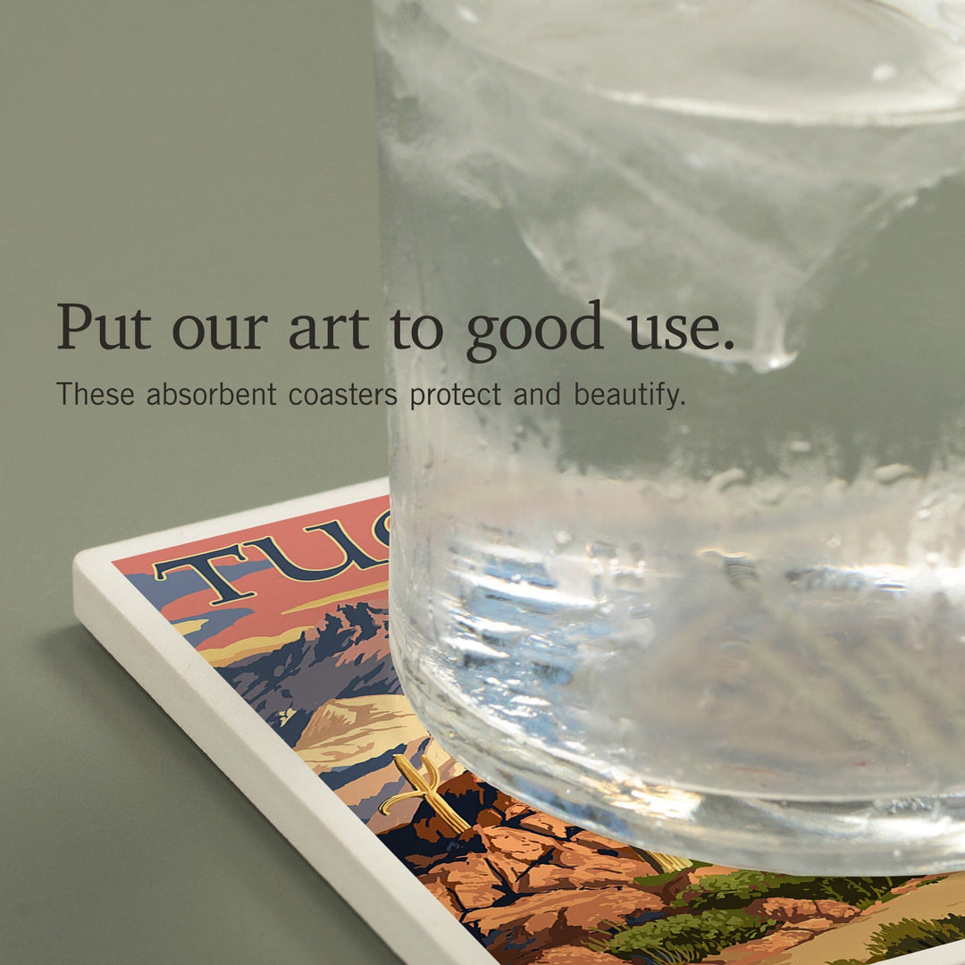 Tucson, Arizona, Desert Cactus Trail Scene at Sunset, Coasters Coasters Lantern Press