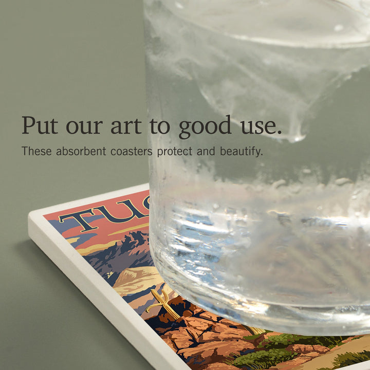 Tucson, Arizona, Desert Cactus Trail Scene at Sunset, Coasters Coasters Lantern Press