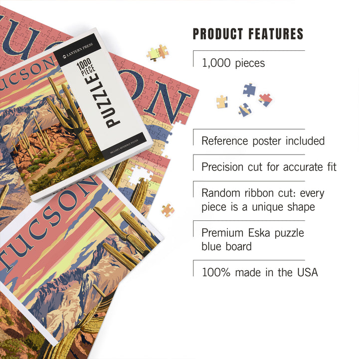 Tucson, Arizona, Desert Cactus Trail Scene at Sunset, Jigsaw Puzzle Puzzle Lantern Press