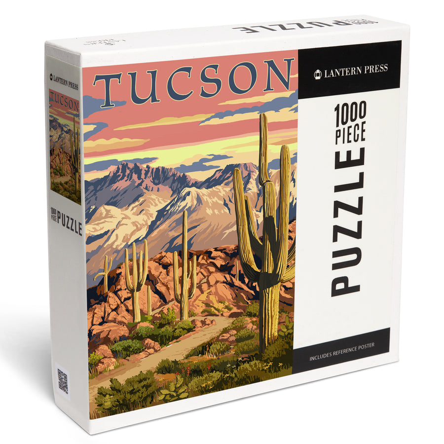 Tucson, Arizona, Desert Cactus Trail Scene at Sunset, Jigsaw Puzzle Puzzle Lantern Press