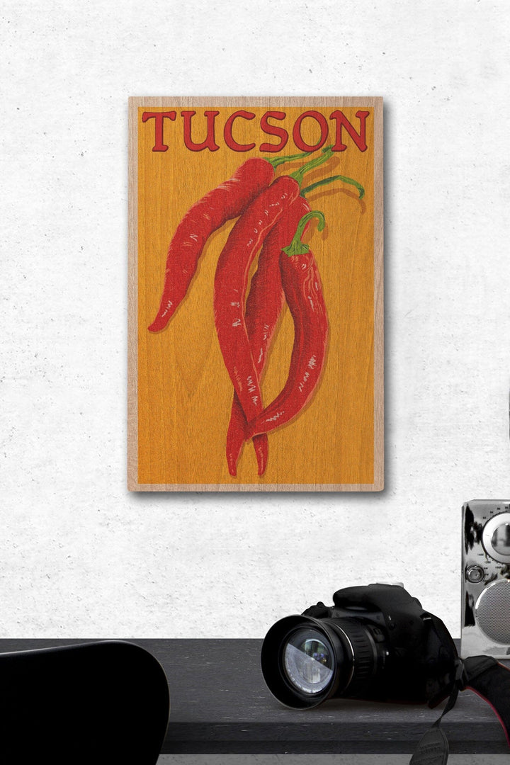 Tucson, Arizona, Red Chiles, Letterpress, Lantern Press Artwork, Wood Signs and Postcards Wood Lantern Press 12 x 18 Wood Gallery Print