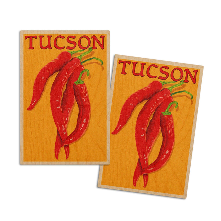 Tucson, Arizona, Red Chiles, Letterpress, Lantern Press Artwork, Wood Signs and Postcards Wood Lantern Press 4x6 Wood Postcard Set