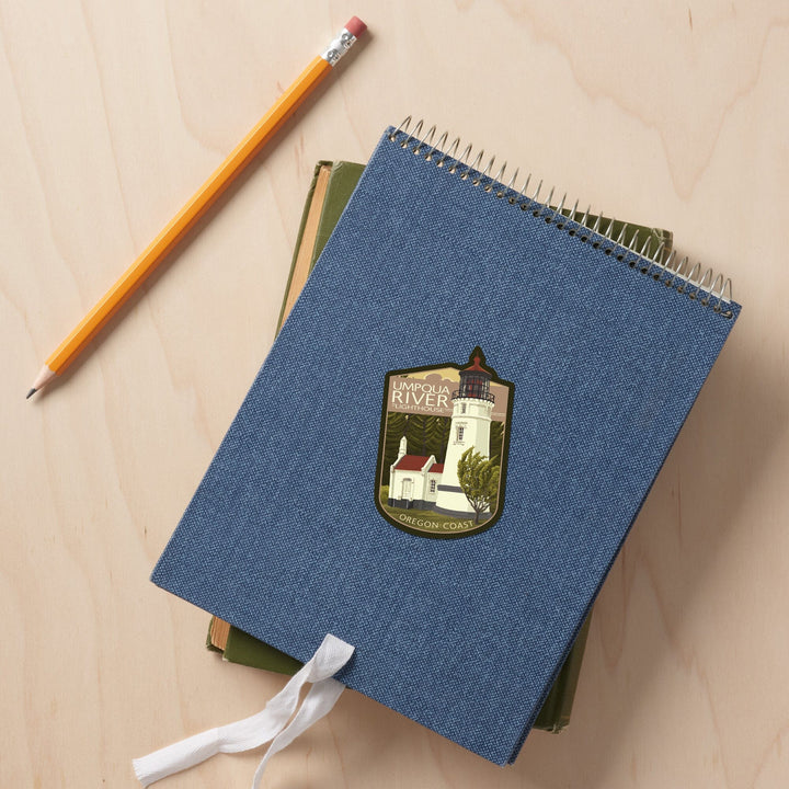 Umpqua River Lighthouse, Oregon, Oregon Coast, Evening Sky, Contour, Lantern Press Artwork, Vinyl Sticker Sticker Lantern Press