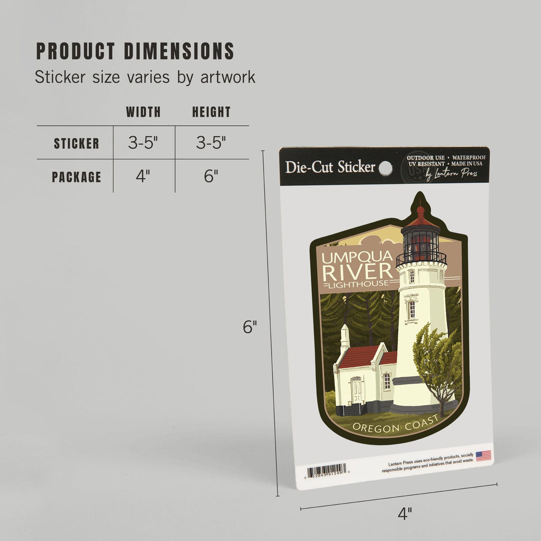 Umpqua River Lighthouse, Oregon, Oregon Coast, Evening Sky, Contour, Lantern Press Artwork, Vinyl Sticker Sticker Lantern Press