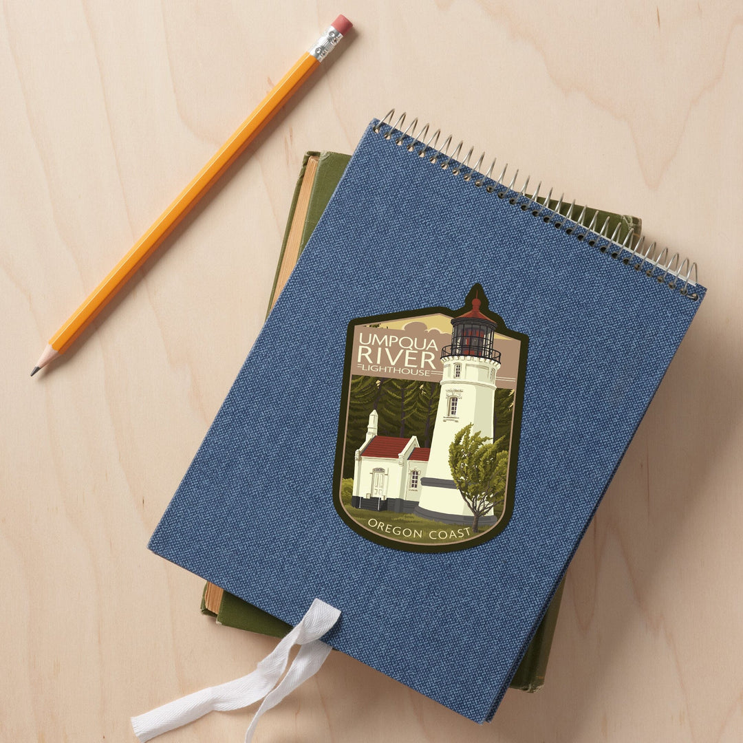 Umpqua River Lighthouse, Oregon, Oregon Coast, Evening Sky, Contour, Lantern Press Artwork, Vinyl Sticker Sticker Lantern Press