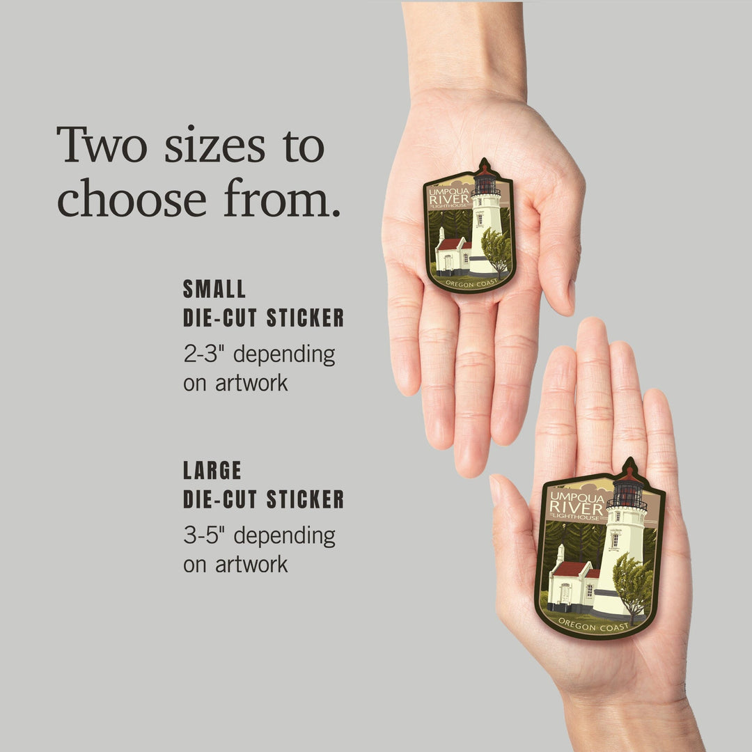 Umpqua River Lighthouse, Oregon, Oregon Coast, Evening Sky, Contour, Lantern Press Artwork, Vinyl Sticker Sticker Lantern Press