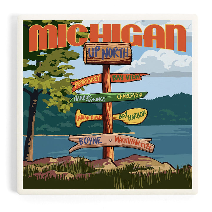 Up North, Michigan, Destinations Sign, Coasters Coasters Lantern Press