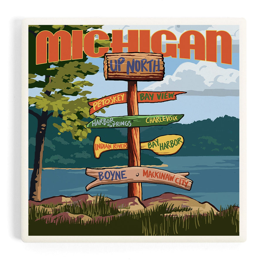 Up North, Michigan, Destinations Sign, Coasters Coasters Lantern Press