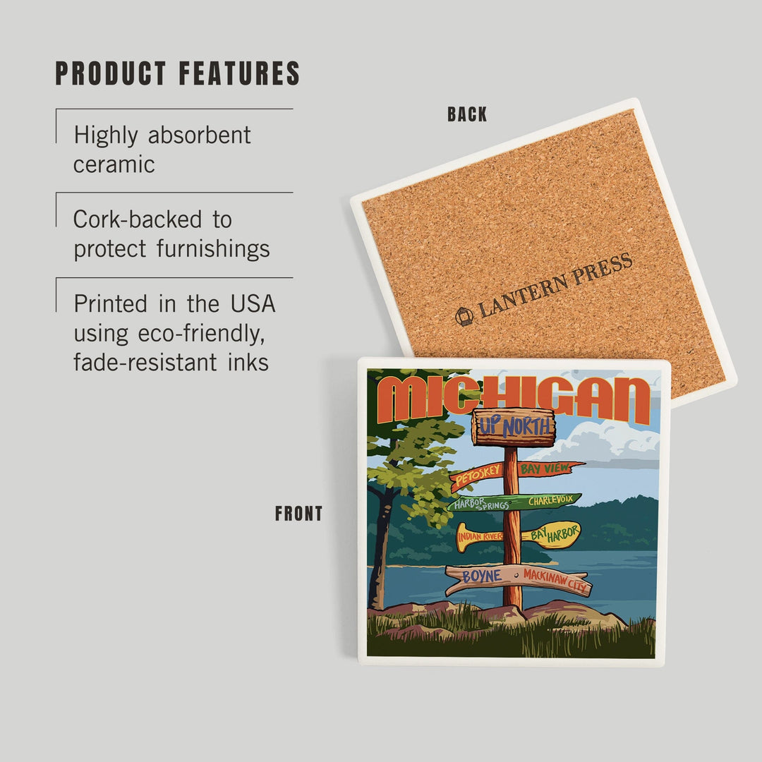 Up North, Michigan, Destinations Sign, Coasters Coasters Lantern Press