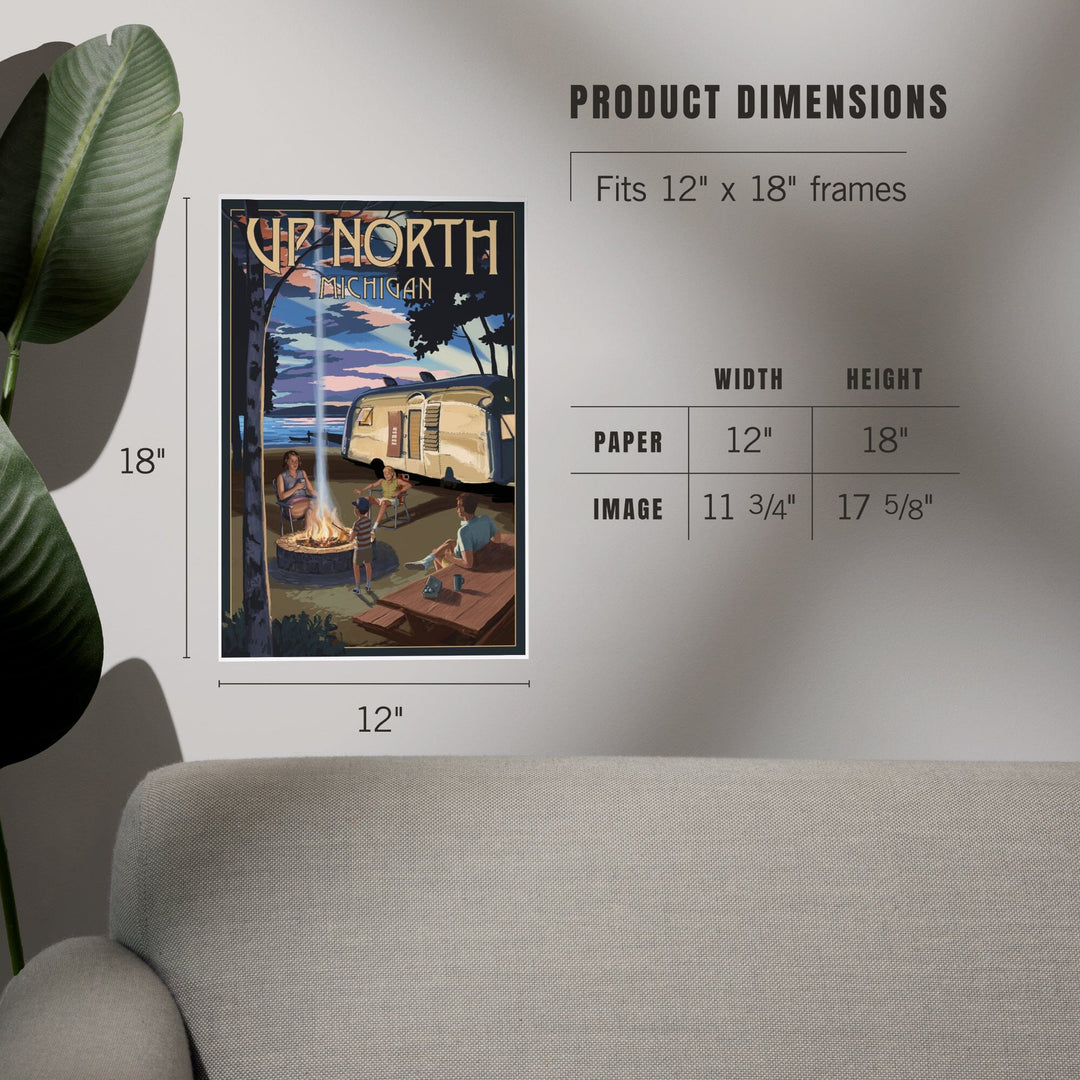 Up North, Michigan, Retro Camper and Lake, Art & Giclee Prints Art Lantern Press