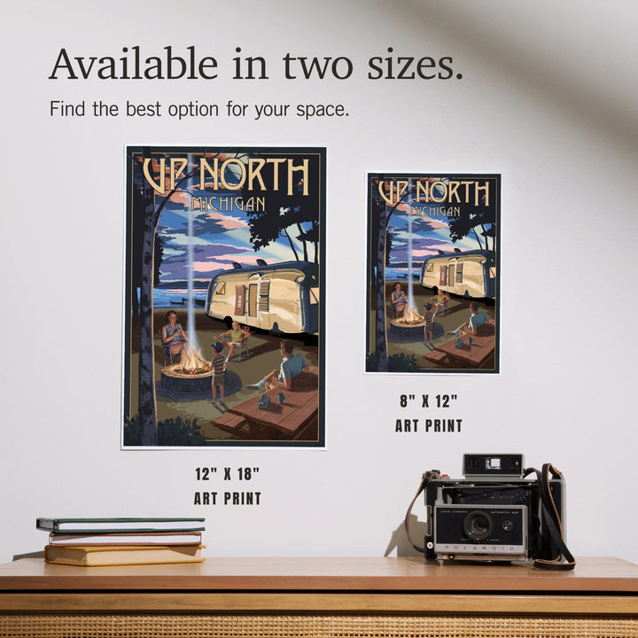 Up North, Michigan, Retro Camper and Lake, Art & Giclee Prints Art Lantern Press
