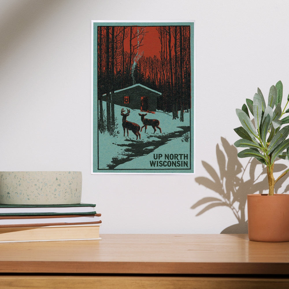 Up North, Wisconsin, Deer and Cabin in Winter, Woodblock, Art & Giclee Prints Art Lantern Press