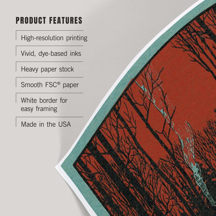 Up North, Wisconsin, Deer and Cabin in Winter, Woodblock, Art & Giclee Prints Art Lantern Press
