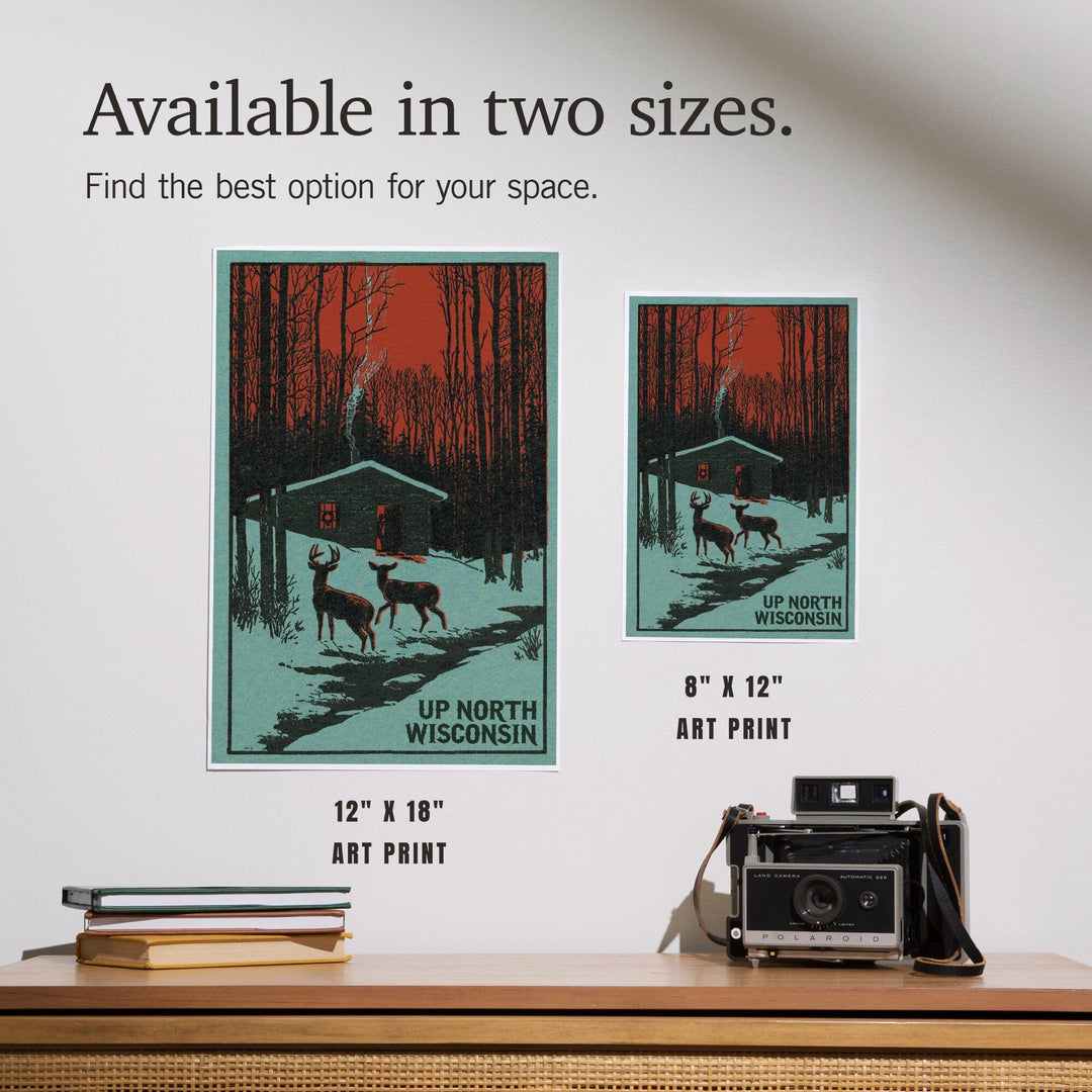 Up North, Wisconsin, Deer and Cabin in Winter, Woodblock, Art & Giclee Prints Art Lantern Press