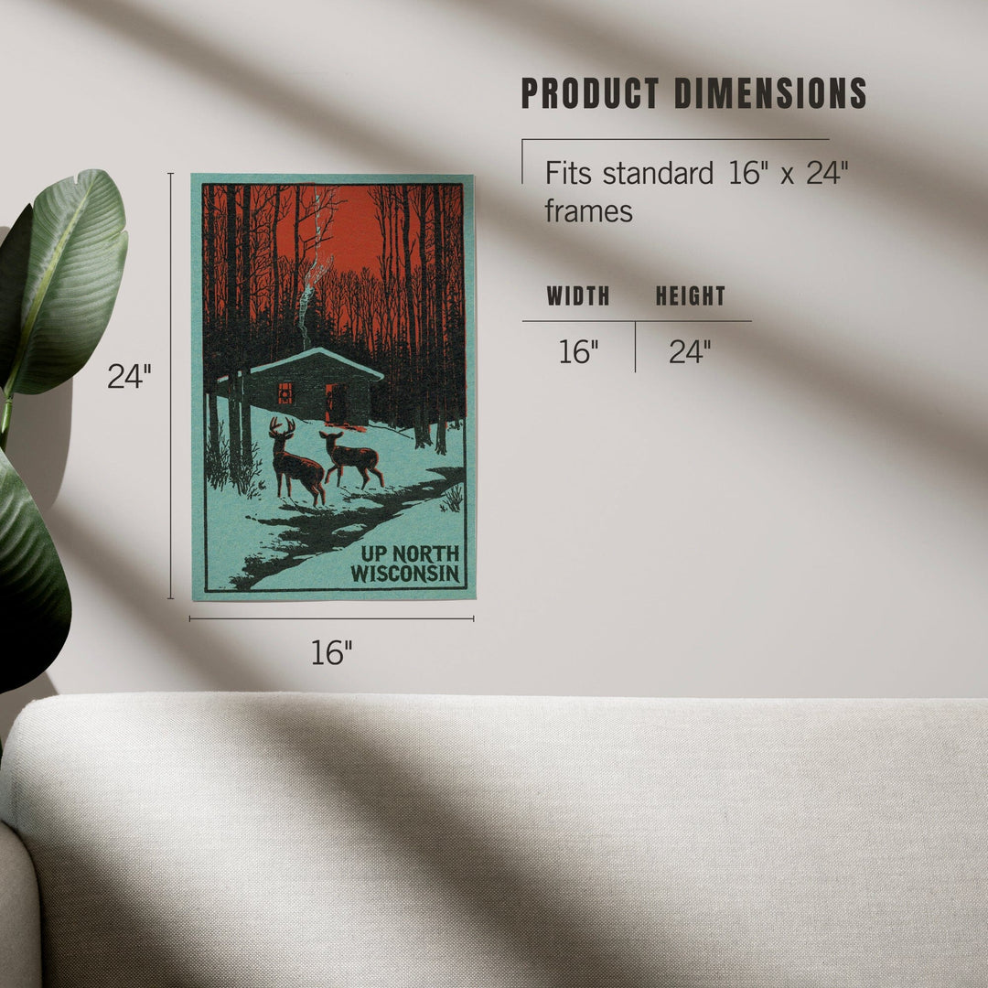 Up North, Wisconsin, Deer and Cabin in Winter, Woodblock, Art & Giclee Prints Art Lantern Press