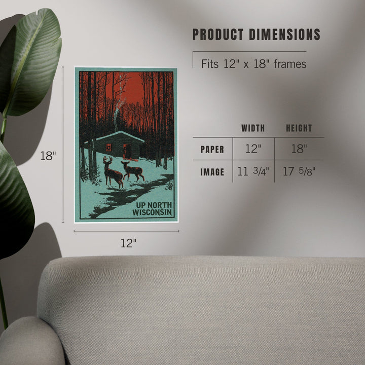 Up North, Wisconsin, Deer and Cabin in Winter, Woodblock, Art & Giclee Prints Art Lantern Press