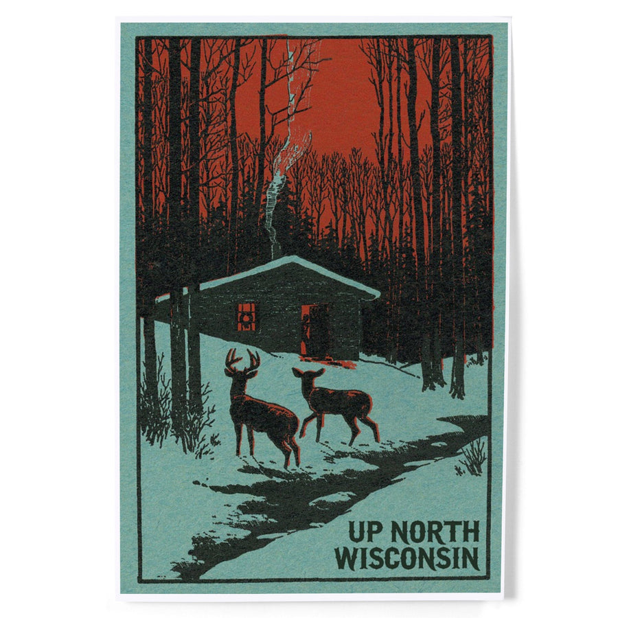 Up North, Wisconsin, Deer and Cabin in Winter, Woodblock, Art & Giclee Prints Art Lantern Press
