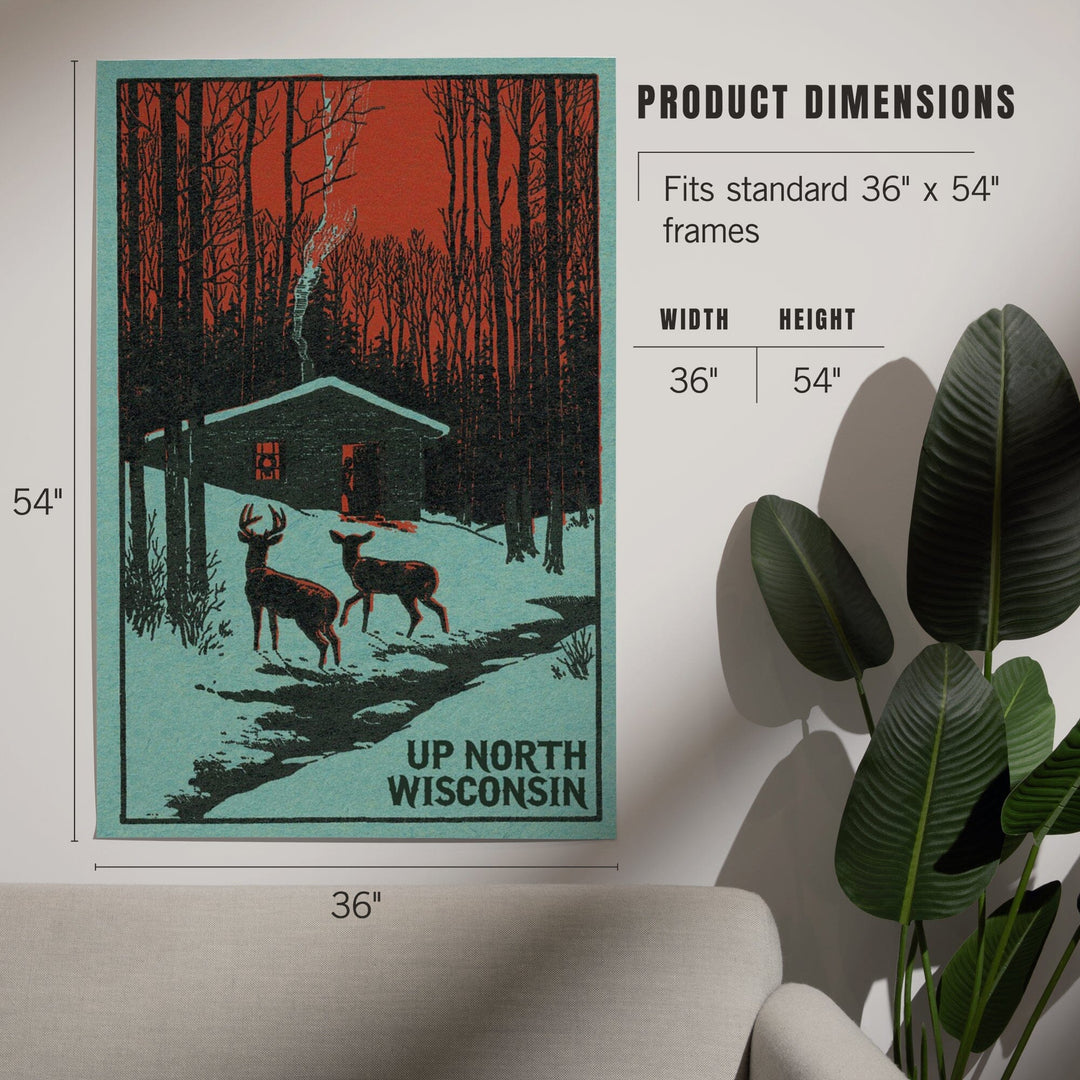 Up North, Wisconsin, Deer and Cabin in Winter, Woodblock, Art & Giclee Prints Art Lantern Press