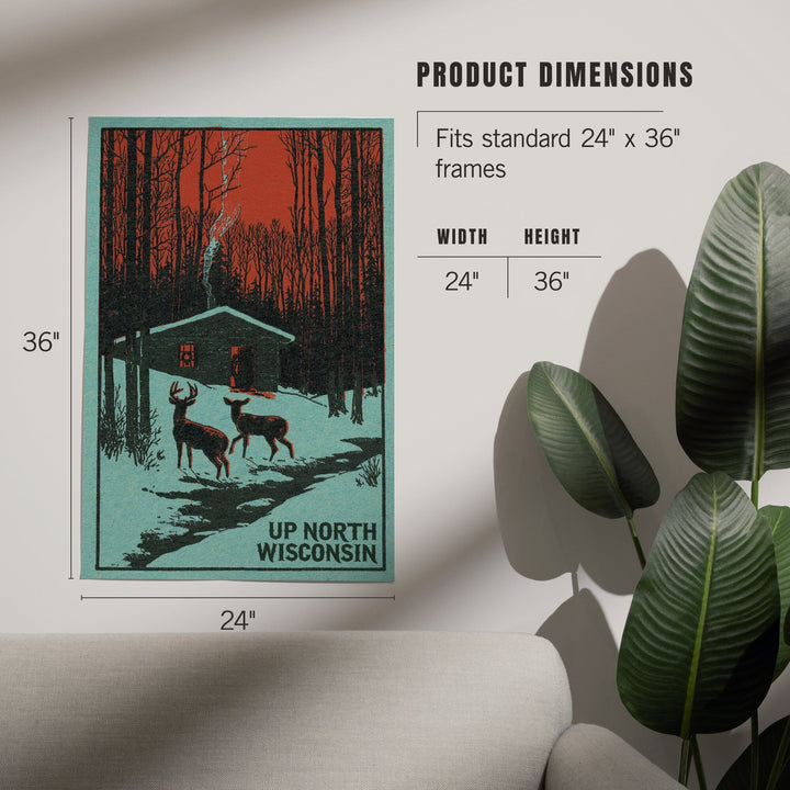 Up North, Wisconsin, Deer and Cabin in Winter, Woodblock, Art & Giclee Prints Art Lantern Press