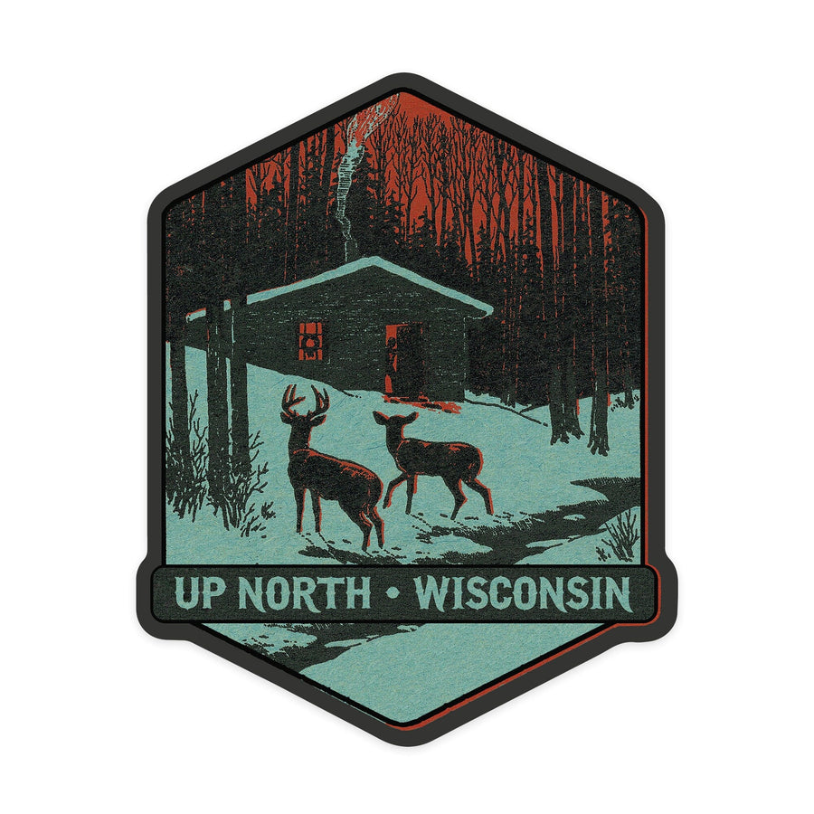 Up North, Wisconsin, Deer & Cabin in Winter, Woodblock, Contour, Lantern Press Artwork, Vinyl Sticker Sticker Lantern Press