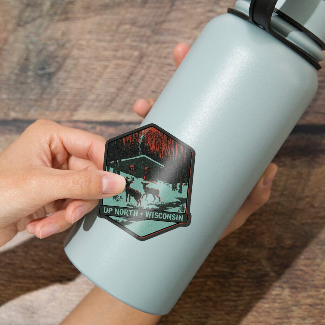 Up North, Wisconsin, Deer & Cabin in Winter, Woodblock, Contour, Lantern Press Artwork, Vinyl Sticker Sticker Lantern Press