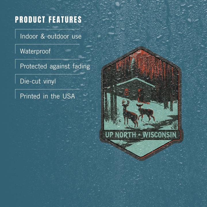 Up North, Wisconsin, Deer & Cabin in Winter, Woodblock, Contour, Lantern Press Artwork, Vinyl Sticker Sticker Lantern Press