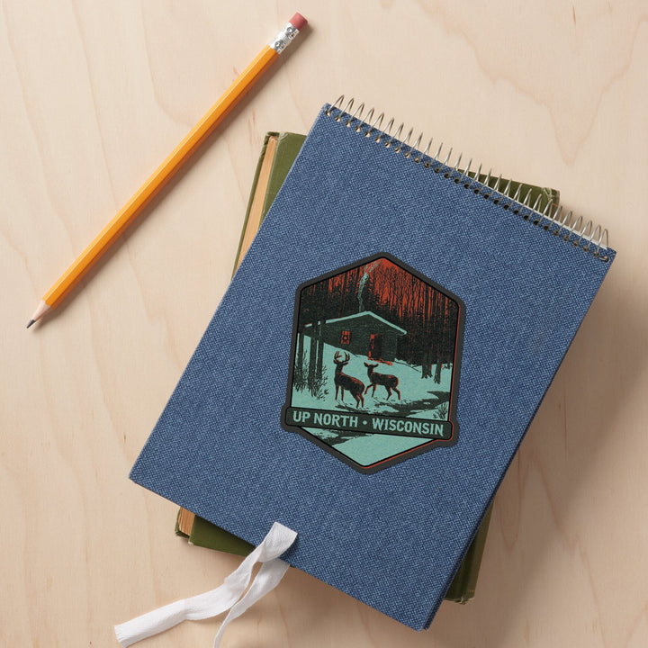 Up North, Wisconsin, Deer & Cabin in Winter, Woodblock, Contour, Lantern Press Artwork, Vinyl Sticker Sticker Lantern Press