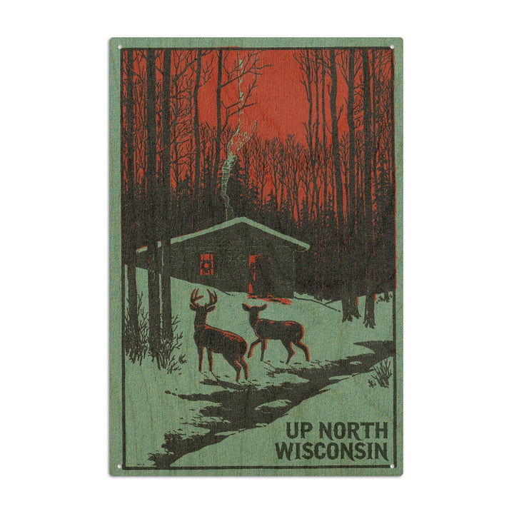 Up North, Wisconsin, Deer & Cabin in Winter, Woodblock, Lantern Press Artwork, Wood Signs and Postcards Wood Lantern Press 10 x 15 Wood Sign