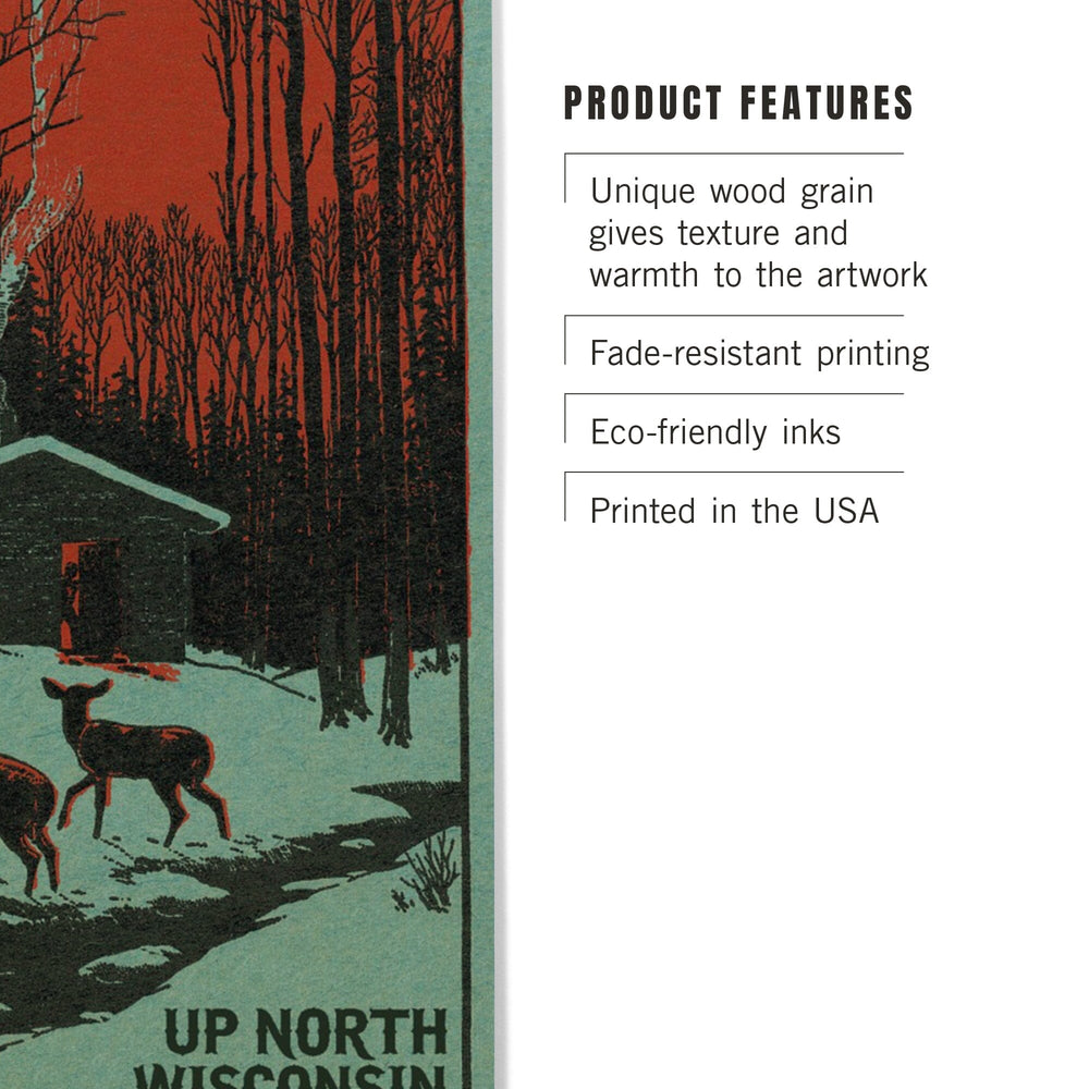 Up North, Wisconsin, Deer & Cabin in Winter, Woodblock, Lantern Press Artwork, Wood Signs and Postcards Wood Lantern Press
