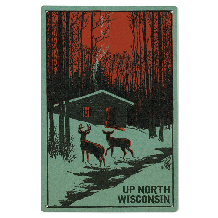 Up North, Wisconsin, Deer & Cabin in Winter, Woodblock, Lantern Press Artwork, Wood Signs and Postcards Wood Lantern Press