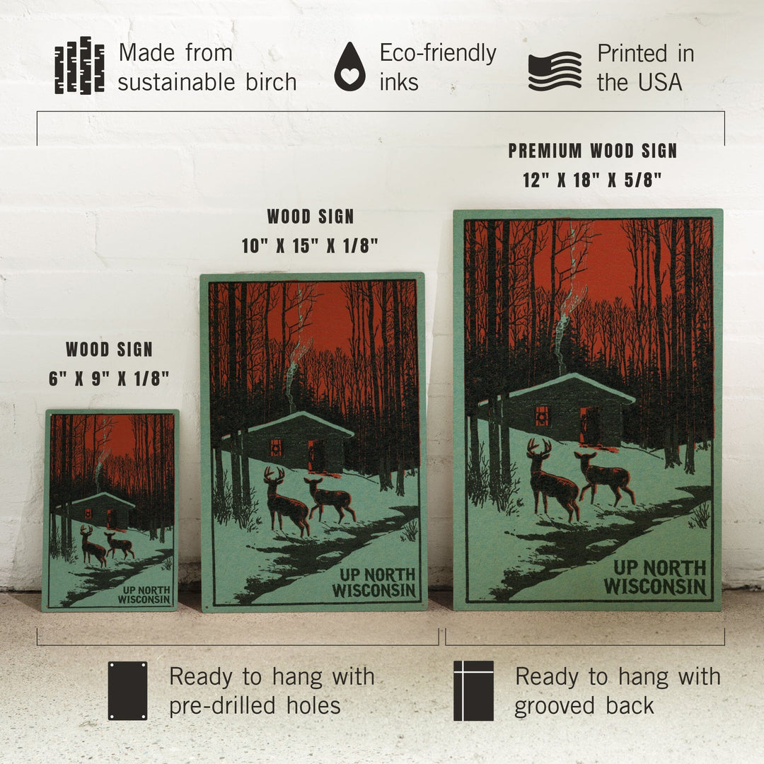 Up North, Wisconsin, Deer & Cabin in Winter, Woodblock, Lantern Press Artwork, Wood Signs and Postcards Wood Lantern Press