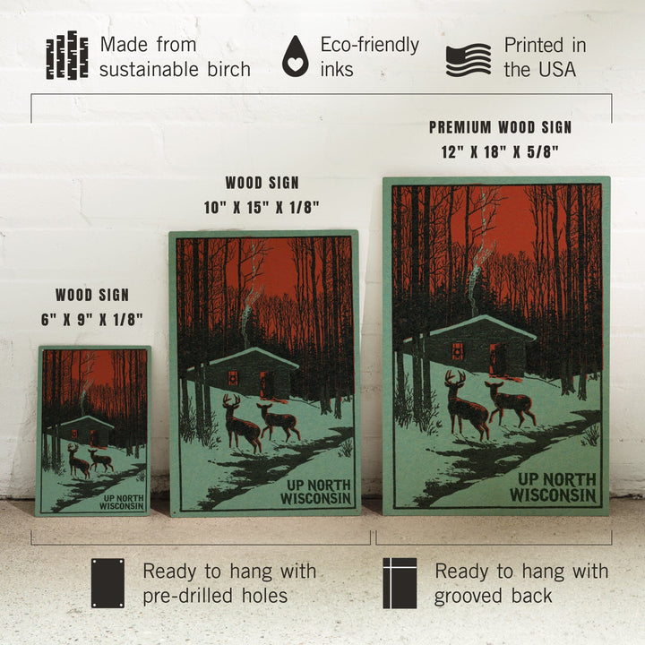 Up North, Wisconsin, Deer & Cabin in Winter, Woodblock, Lantern Press Artwork, Wood Signs and Postcards Wood Lantern Press