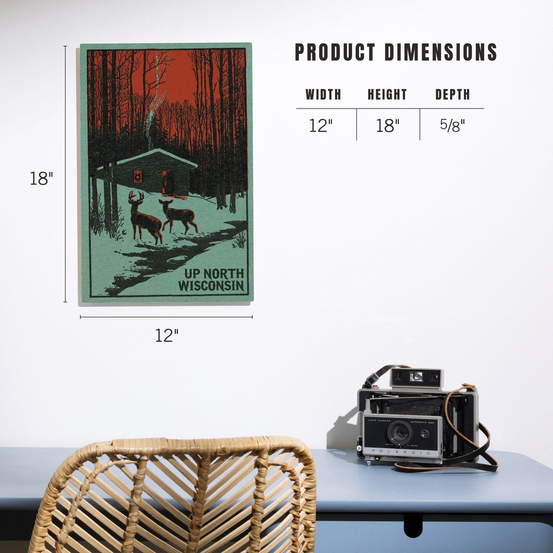 Up North, Wisconsin, Deer & Cabin in Winter, Woodblock, Lantern Press Artwork, Wood Signs and Postcards Wood Lantern Press