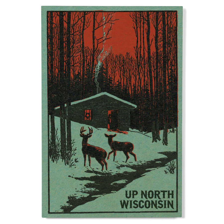 Up North, Wisconsin, Deer & Cabin in Winter, Woodblock, Lantern Press Artwork, Wood Signs and Postcards Wood Lantern Press