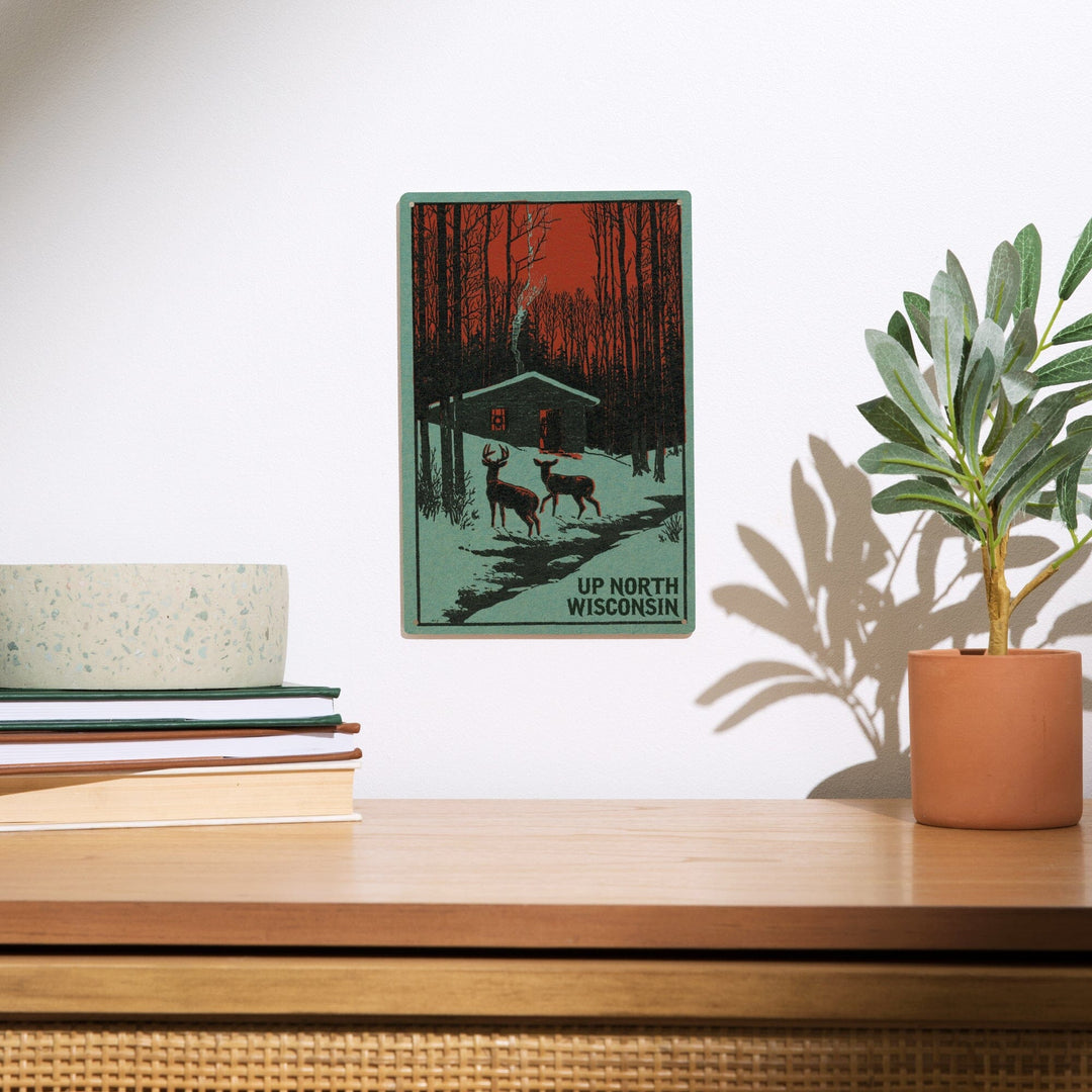 Up North, Wisconsin, Deer & Cabin in Winter, Woodblock, Lantern Press Artwork, Wood Signs and Postcards Wood Lantern Press