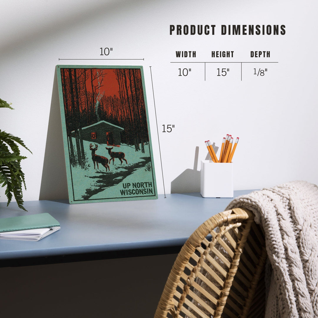 Up North, Wisconsin, Deer & Cabin in Winter, Woodblock, Lantern Press Artwork, Wood Signs and Postcards Wood Lantern Press