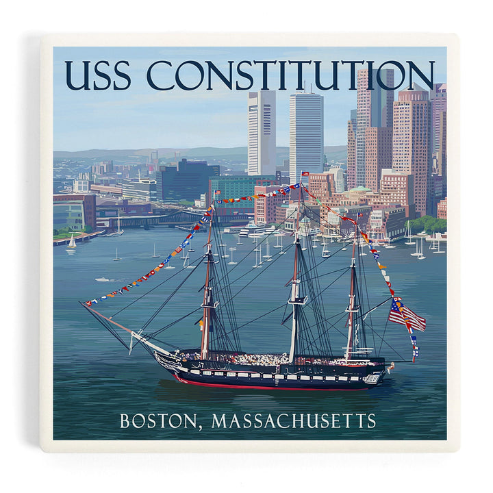 USS Constitution and Boston Skyline, Coasters Coasters Lantern Press Coaster