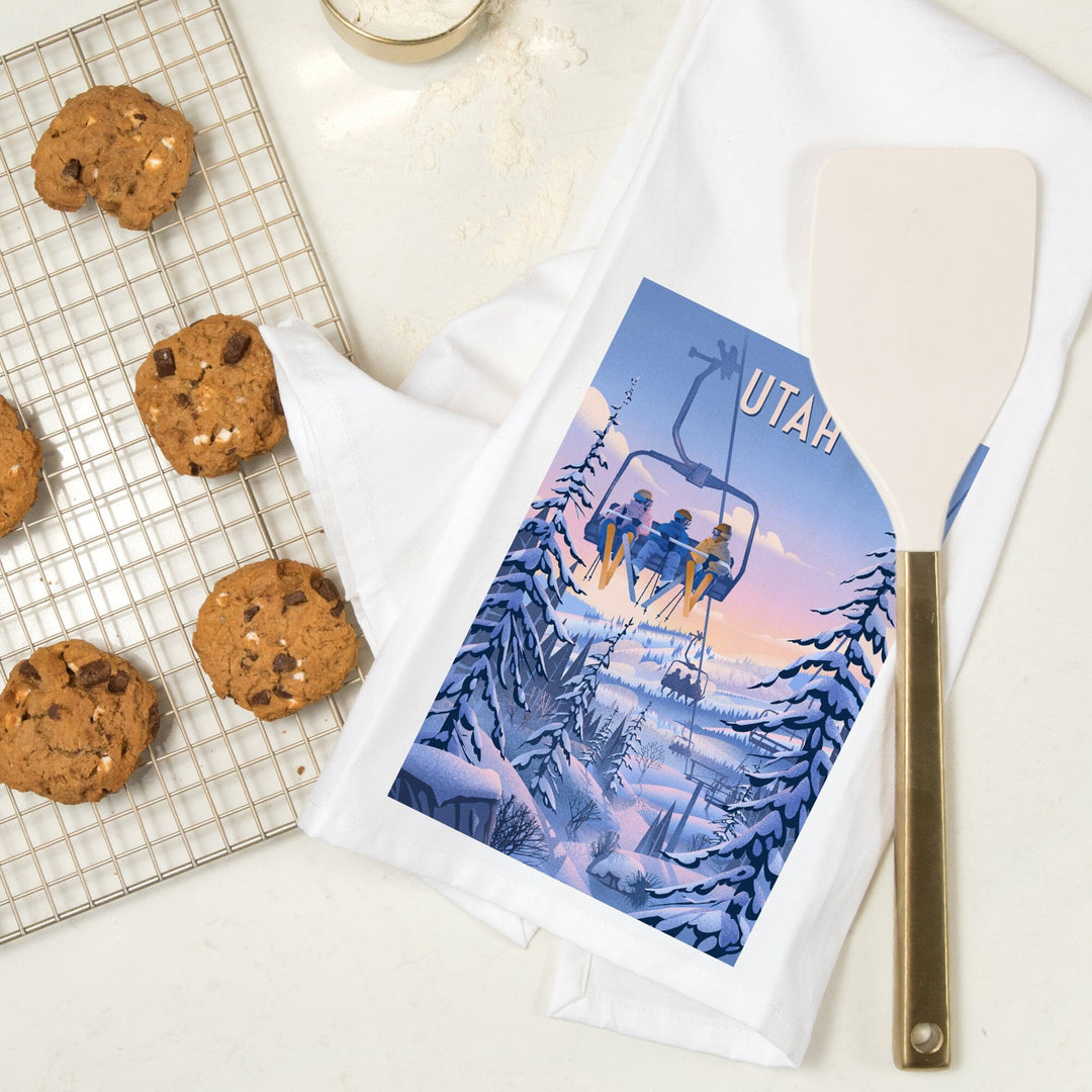 Utah, Chill on the Uphill, Ski Lift, Organic Cotton Kitchen Tea Towels Kitchen Lantern Press