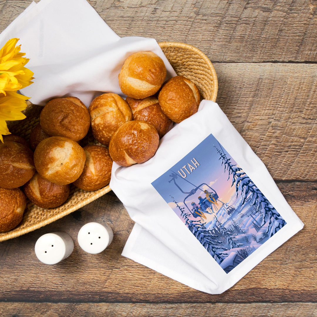 Utah, Chill on the Uphill, Ski Lift, Organic Cotton Kitchen Tea Towels Kitchen Lantern Press