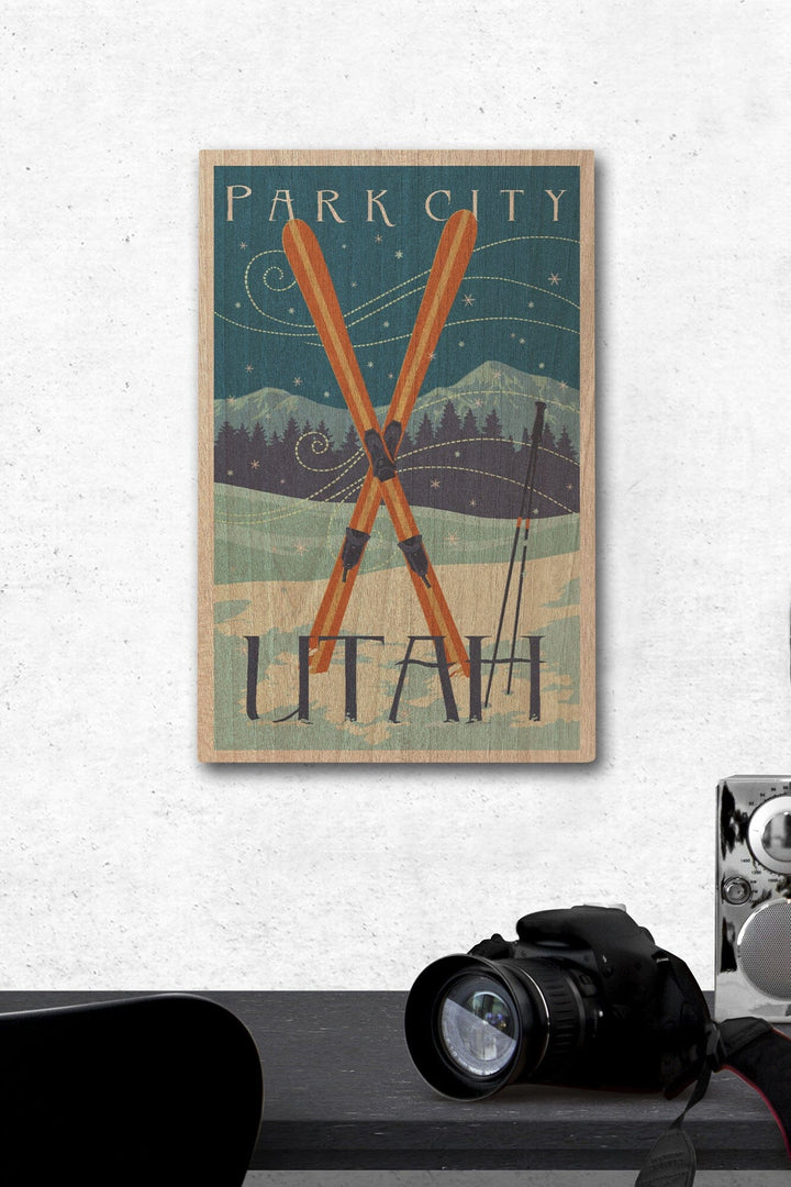 Utah, Crossed Skis, Letterpress, Lantern Press Artwork, Wood Signs and Postcards Wood Lantern Press 12 x 18 Wood Gallery Print
