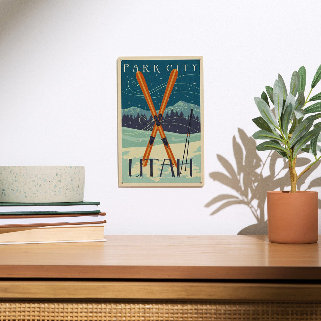 Utah, Crossed Skis, Letterpress, Lantern Press Artwork, Wood Signs and Postcards Wood Lantern Press