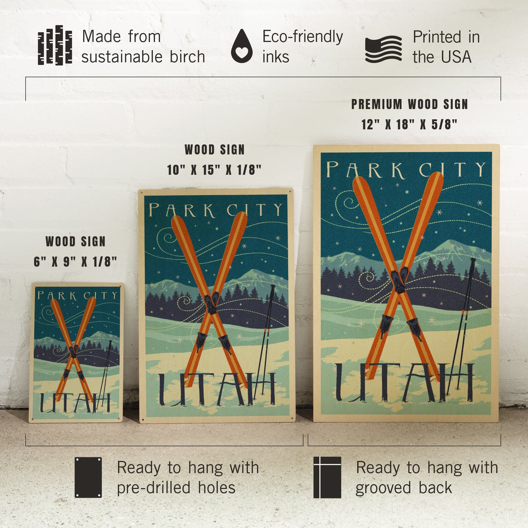 Utah, Crossed Skis, Letterpress, Lantern Press Artwork, Wood Signs and Postcards Wood Lantern Press