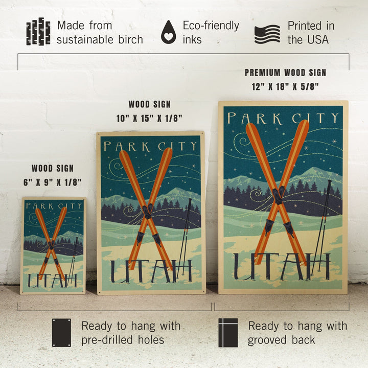 Utah, Crossed Skis, Letterpress, Lantern Press Artwork, Wood Signs and Postcards Wood Lantern Press