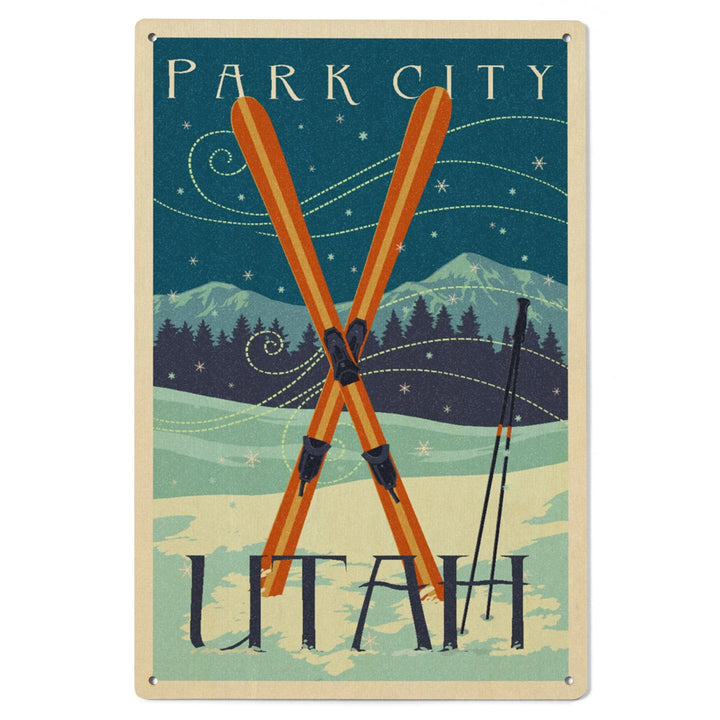 Utah, Crossed Skis, Letterpress, Lantern Press Artwork, Wood Signs and Postcards Wood Lantern Press